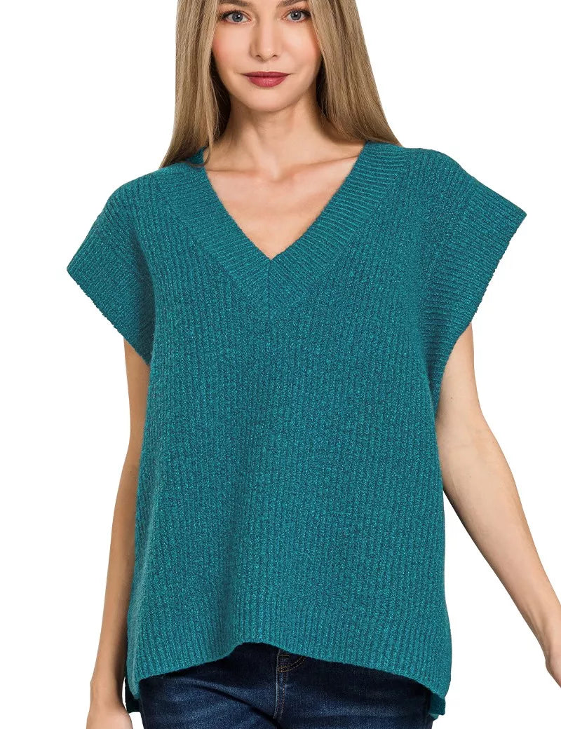 Zenana Ribbed Slit V-Neck Sweater Vest on Simply Obsessed