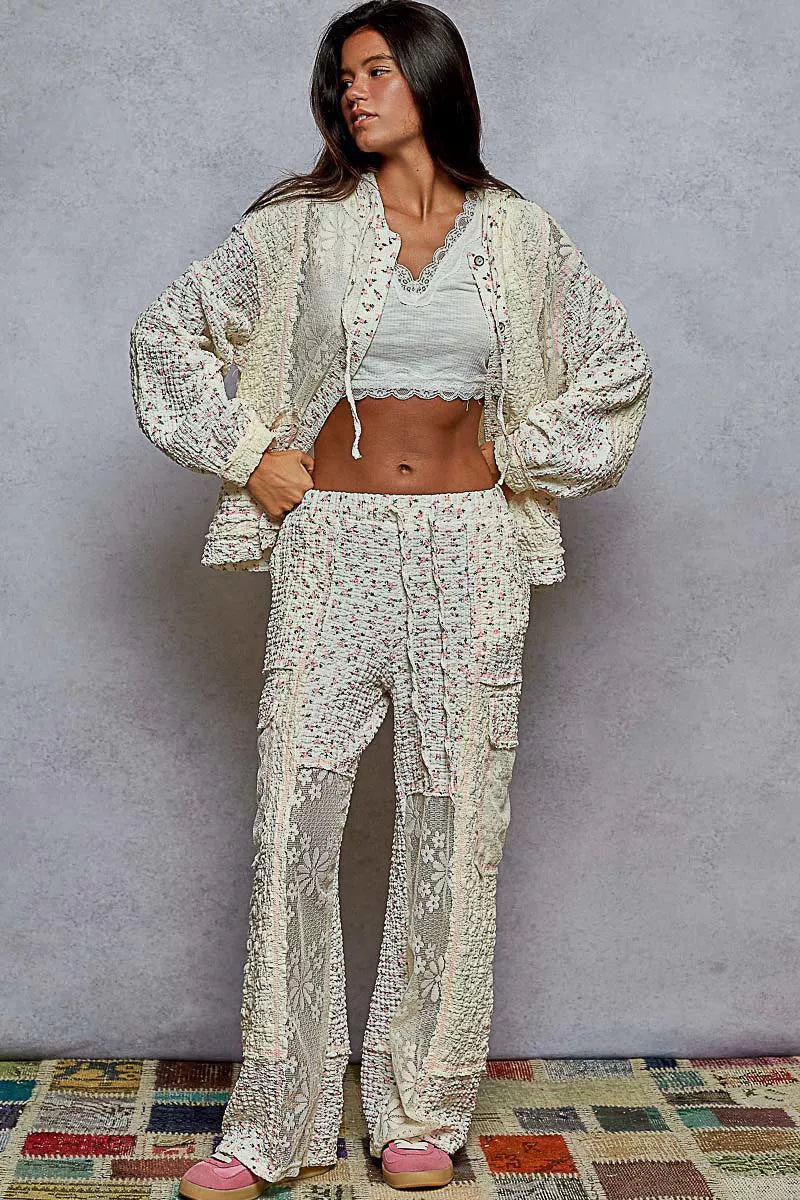 POL Floral Balloon Sleeve Hooded Lace Jacket with Stitch Detail on Simply Obsessed