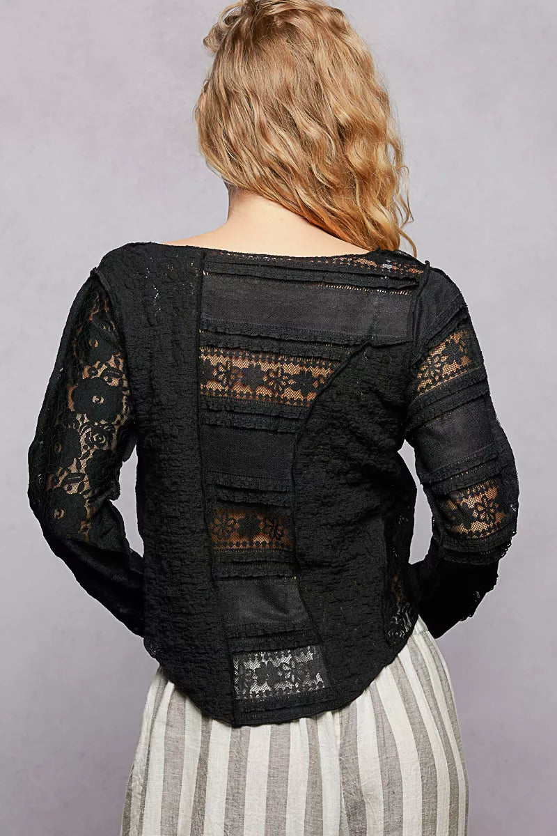 POL Round Neck Long Sleeve Exposed Seam Top with Lace Detail on Simply Obsessed