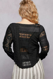POL Round Neck Long Sleeve Exposed Seam Top with Lace Detail on Simply Obsessed