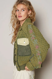 POL Embroidered Sleeve Raw Edge Quilted Jacket on Simply Obsessed