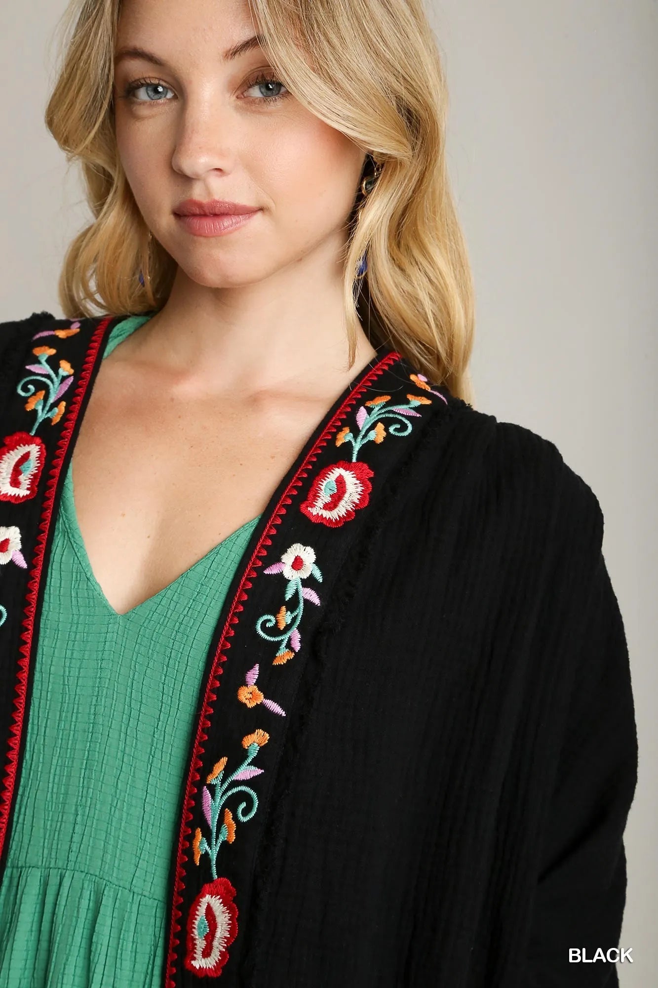 Umgee Embroidery Open Front Kimono with Pleated Shoulder Detail on Simply Obsessed