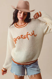 SO ME Thanksgiving Grateful Lettering Stitch Sweater on Simply Obsessed