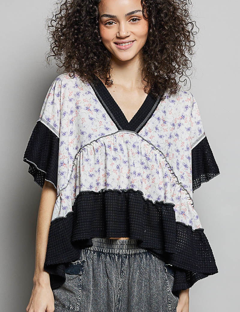 POL Floral Print V-Neck Woven Blouse with Gentle Gathers on Simply Obsessed