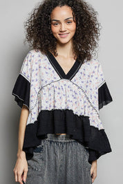 POL Floral Print V-Neck Woven Blouse with Gentle Gathers on Simply Obsessed