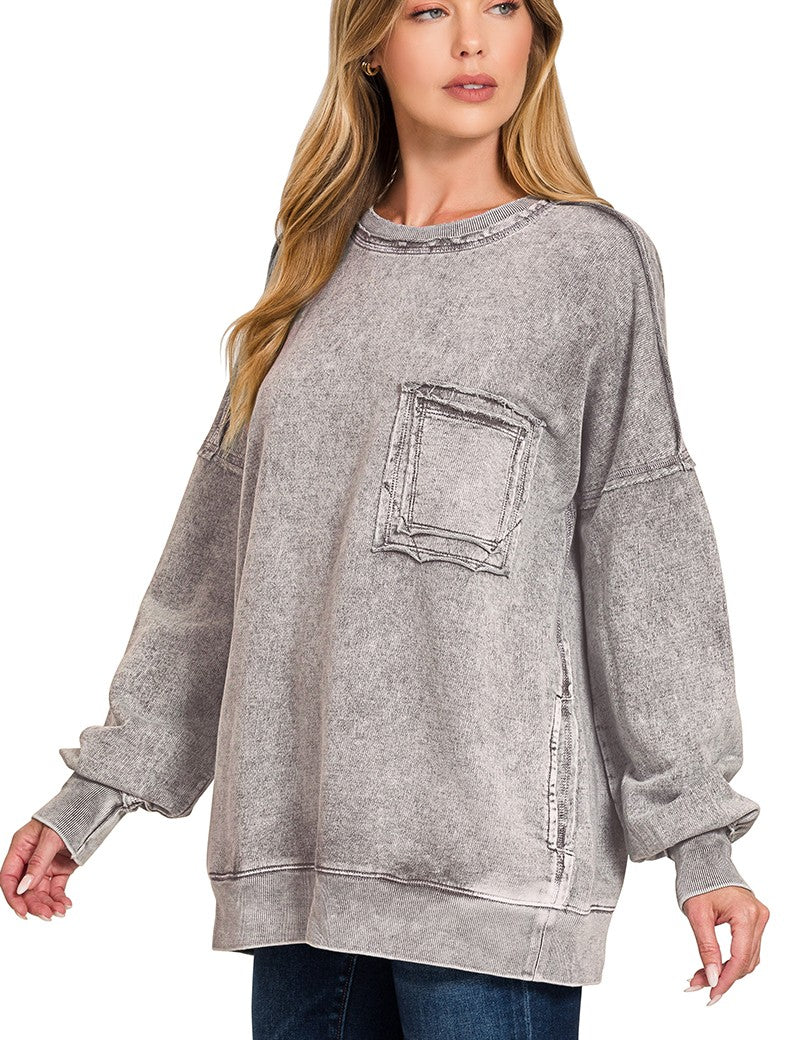 ZENANA Halo Washed French Terry Exposed-seam Sweatshirt on Simply Obsessed