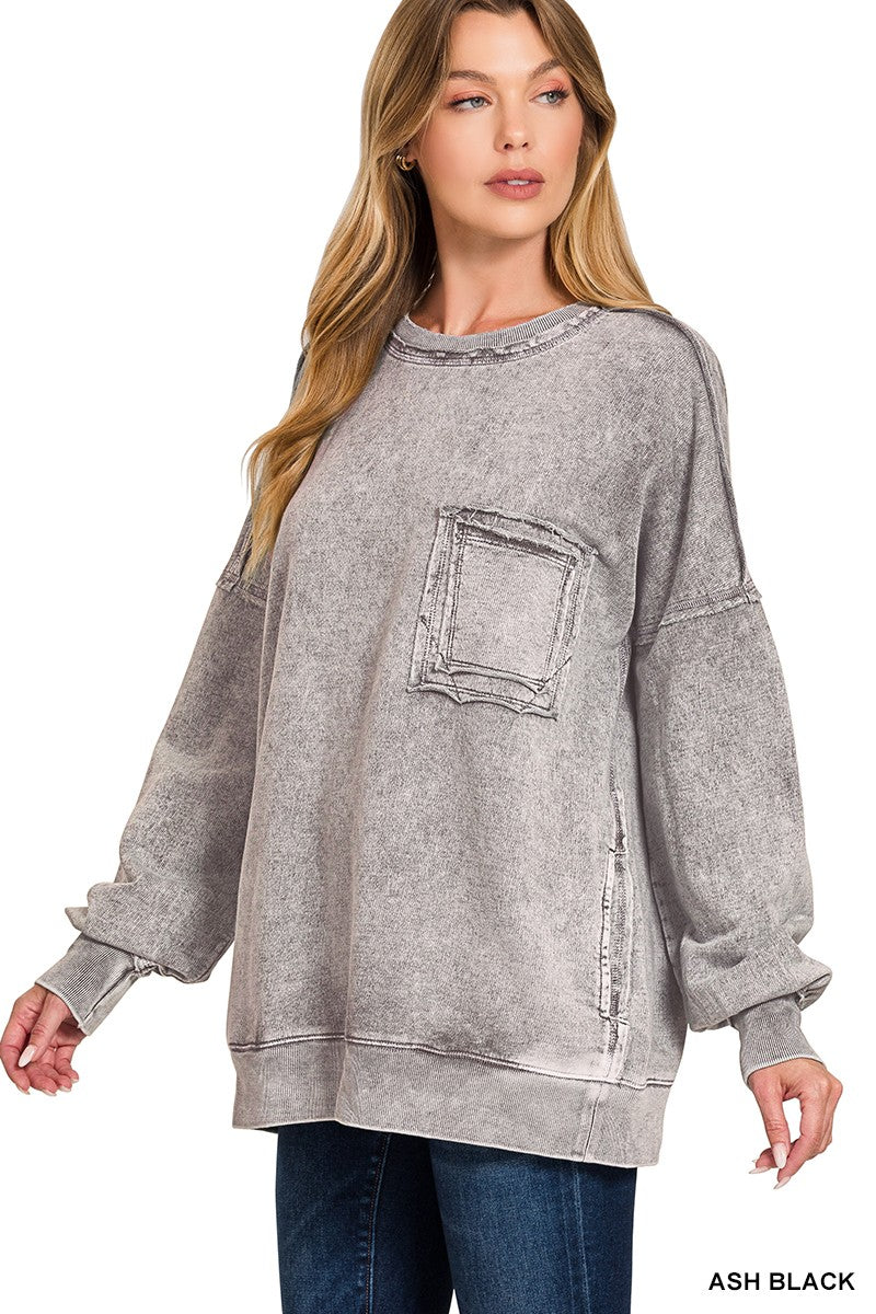 ZENANA Halo Washed French Terry Exposed-seam Sweatshirt on Simply Obsessed