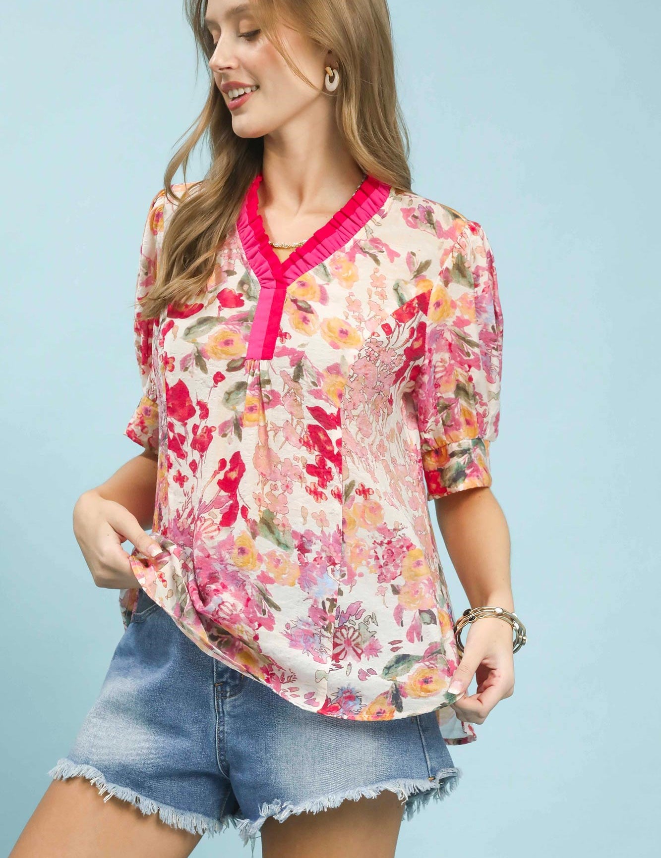 UMGEE Floral Contrast Pleat Neck Top **DEBUT SALE** on Simply Obsessed