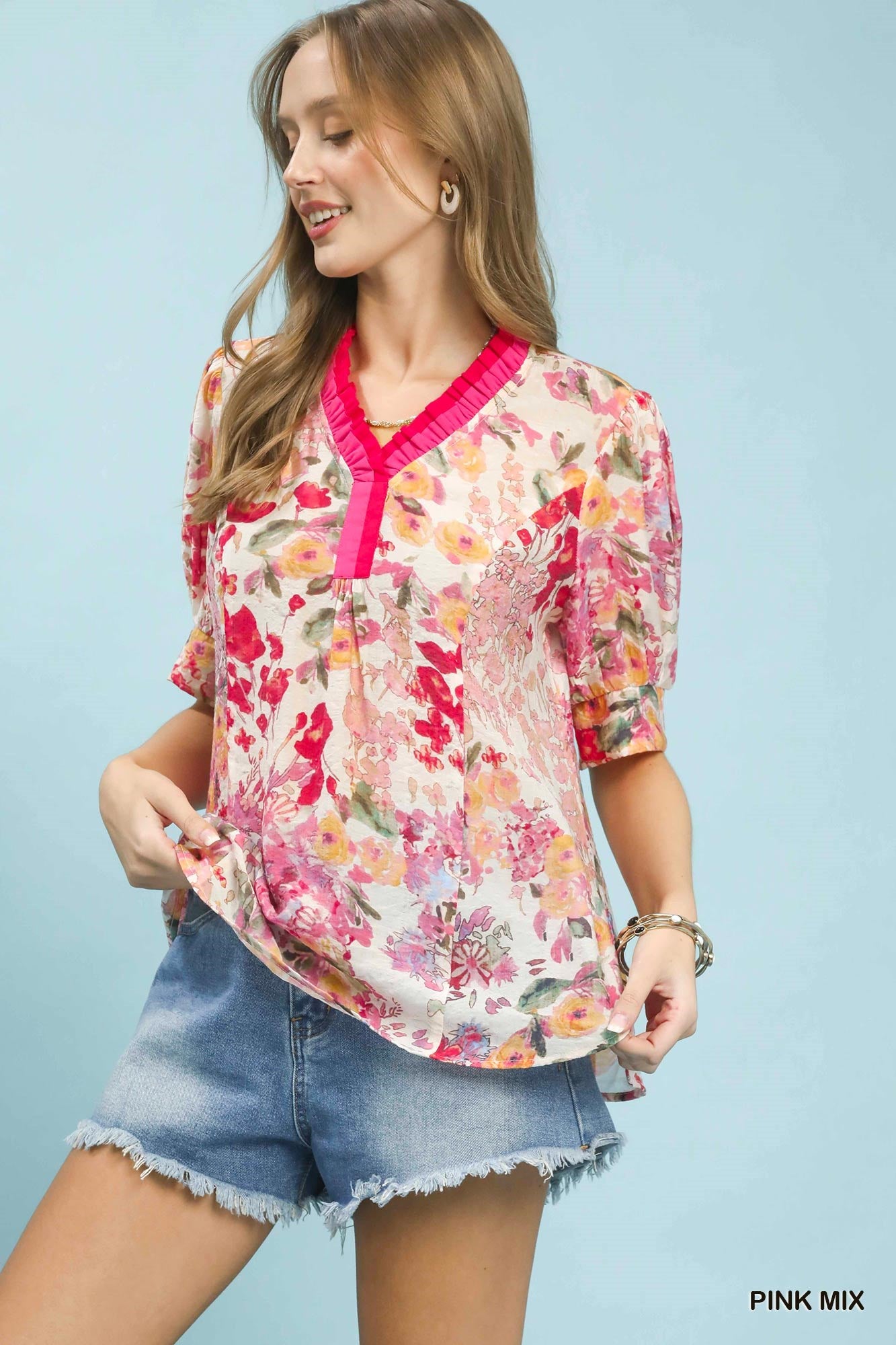 UMGEE Floral Contrast Pleat Neck Top **DEBUT SALE** on Simply Obsessed