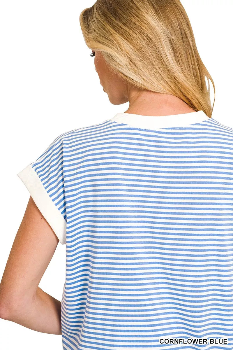ZENANA Striped Round Neck Short Sleeve Contrast Trim T-Shirt on Simply Obsessed