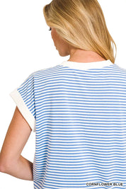 ZENANA Striped Round Neck Short Sleeve Contrast Trim T-Shirt on Simply Obsessed
