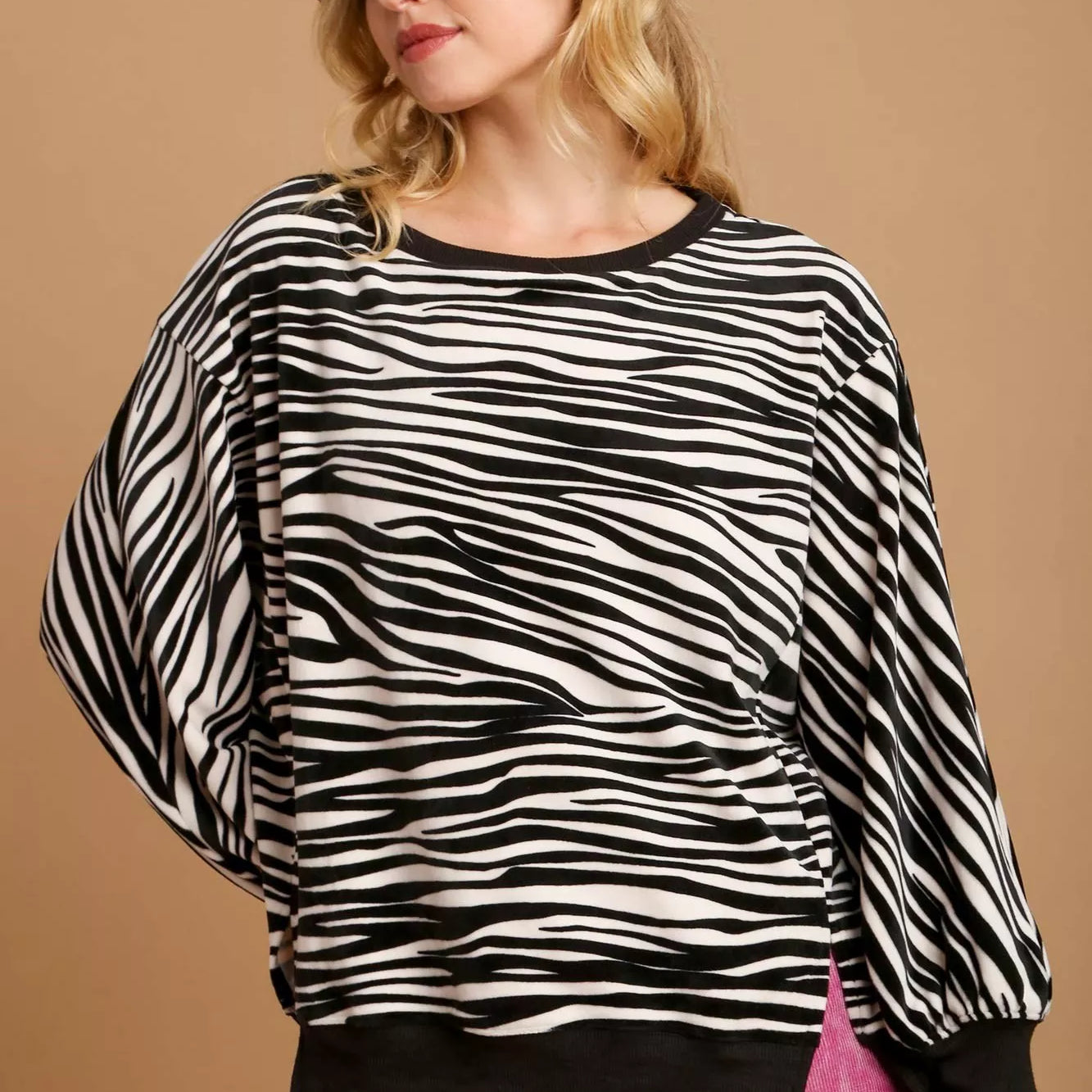 Umgee Zebra Striped Fleece Pullover Sweater Shirt on Simply Obsessed