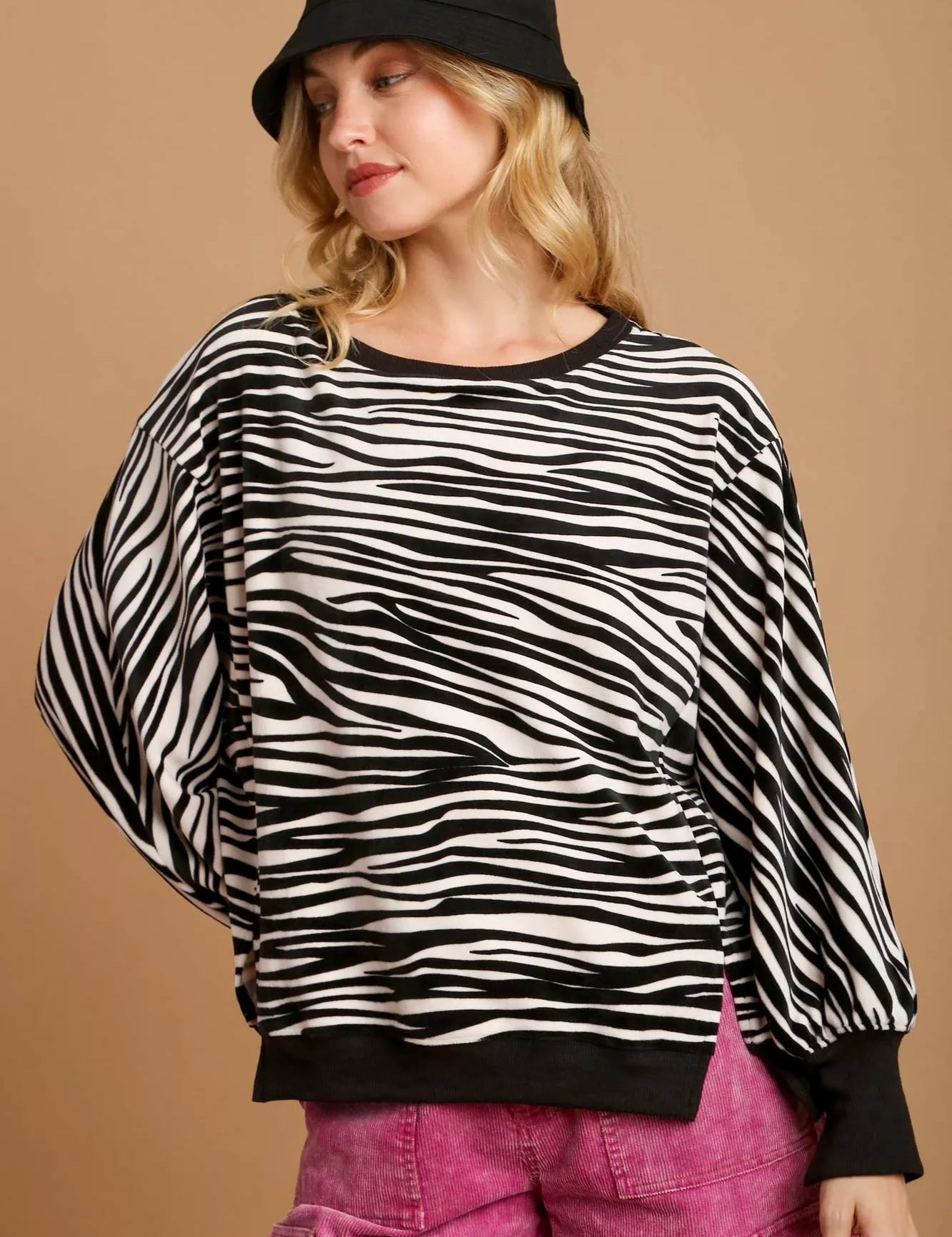 Umgee Zebra Striped Fleece Pullover Sweater Shirt on Simply Obsessed