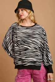 Umgee Zebra Striped Fleece Pullover Sweater Shirt on Simply Obsessed