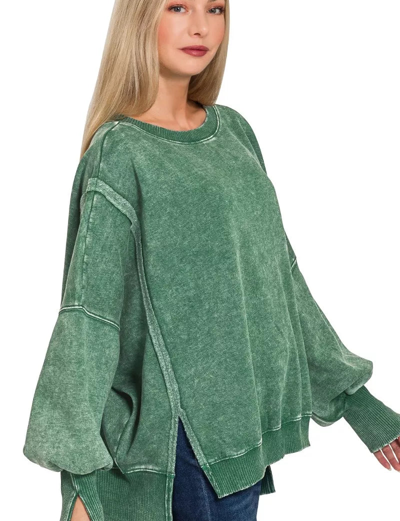 ZENANA Acid Washed Batwing Sleeve Fleece Sweatshirt on Simply Obsessed