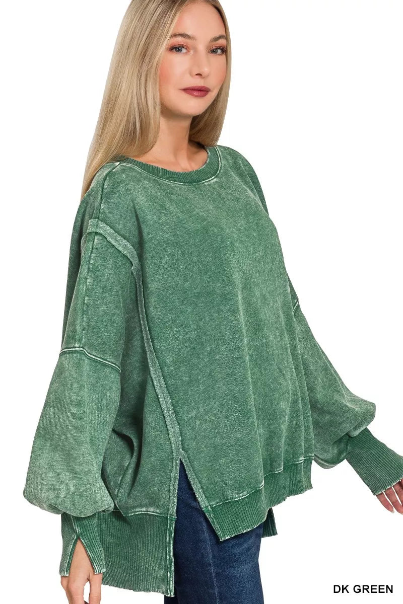 ZENANA Acid Washed Batwing Sleeve Fleece Sweatshirt on Simply Obsessed
