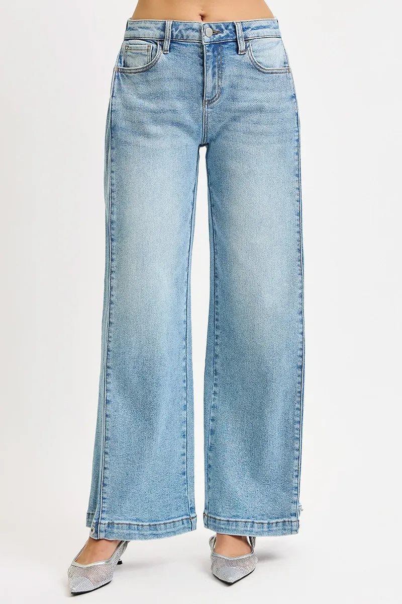 RISEN Mid Rise Wide Barrel Transferable Leg Snap Jeans on Simply Obsessed