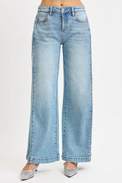 RISEN Mid Rise Wide Barrel Transferable Leg Snap Jeans on Simply Obsessed