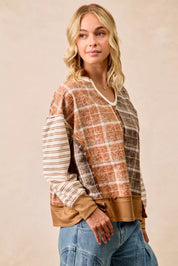 BiBi Plaid And Stripe Mix And Match Top With Open Seam on Simply Obsessed