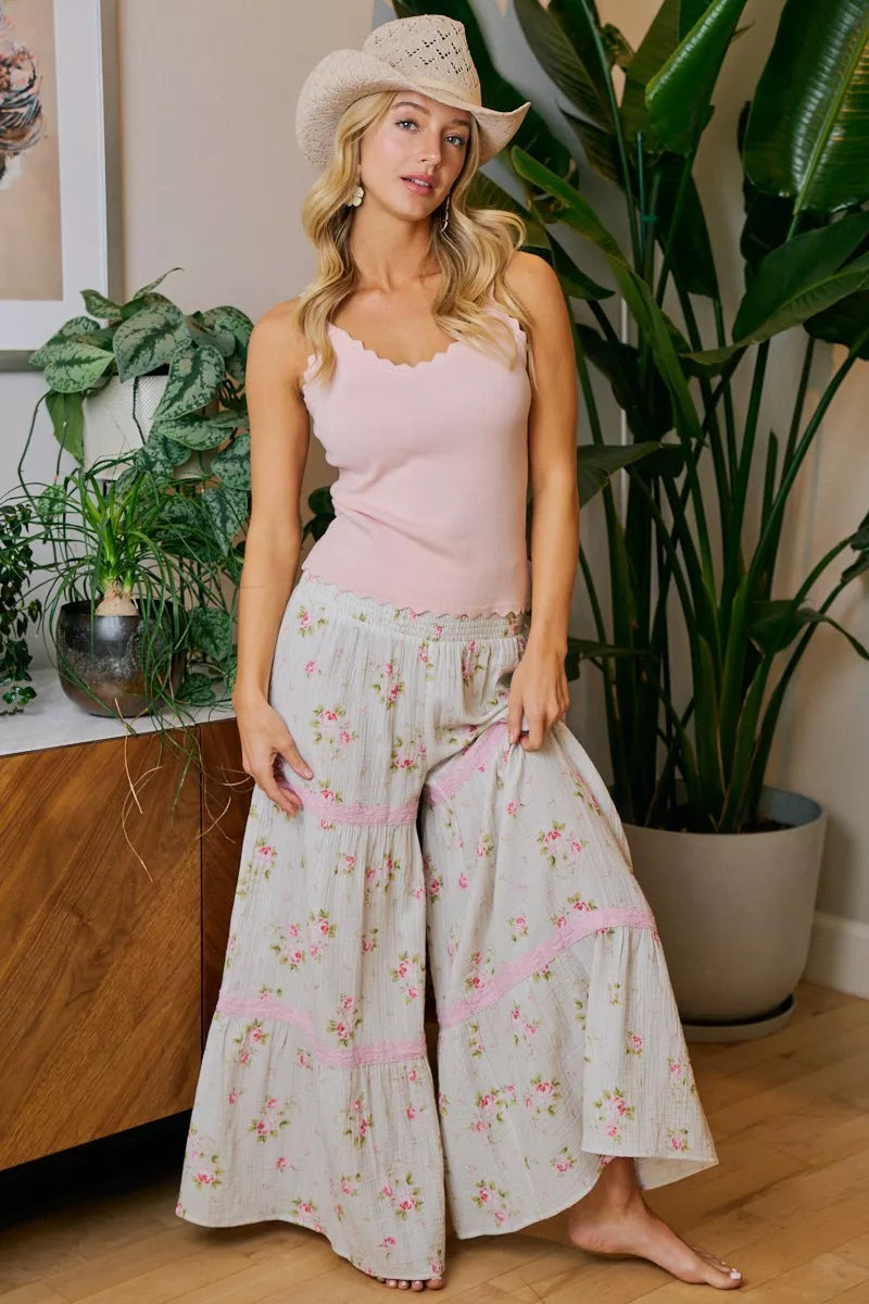 BIBI Rose Printed Gauze Trim Detail Smocked Maxi Pants on Simply Obsessed