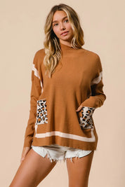 BiBi Mock Neck Sweater with Leopard Pocket on Simply Obsessed
