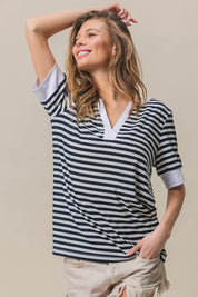 BIBI Contrast Striped Notched Knit Top on Simply Obsessed