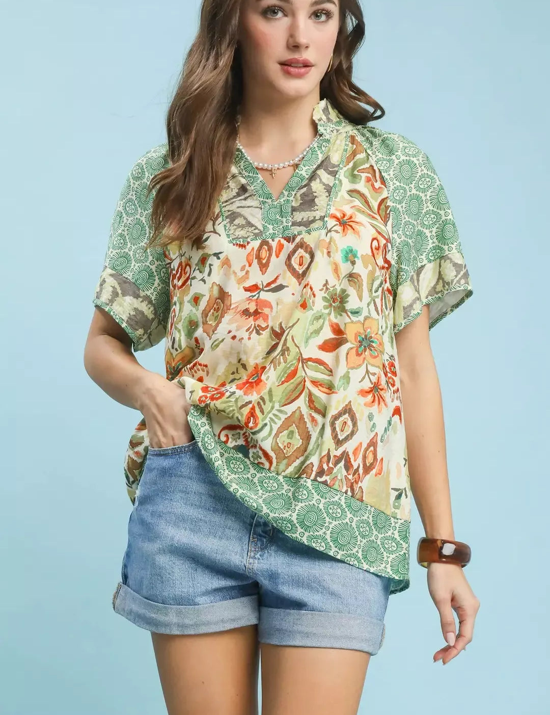 UMGEE Mixed Print V-Neck Short Sleeve Top on Simply Obsessed