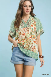UMGEE Mixed Print V-Neck Short Sleeve Top on Simply Obsessed