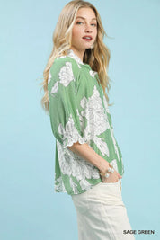 Umgee Peony Illustration Print Flounce Sleeve Blouse on Simply Obsessed