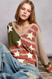 POL Double Gauze American Flag Patch V-Neck Long Sleeve T-Shirt on Simply Obsessed