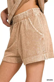 ZENANA Halo Snow Washed Exposed Seam Top & Shorts Set on Simply Obsessed