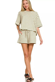 Zenana Striped Short Sleeve Tee & Shorts Set on Simply Obsessed