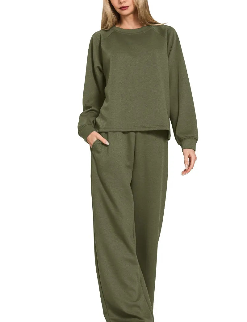 ZENANA Scuba Crewneck Sweatshirt and Pants Set on Simply Obsessed