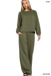 ZENANA Scuba Crewneck Sweatshirt and Pants Set on Simply Obsessed