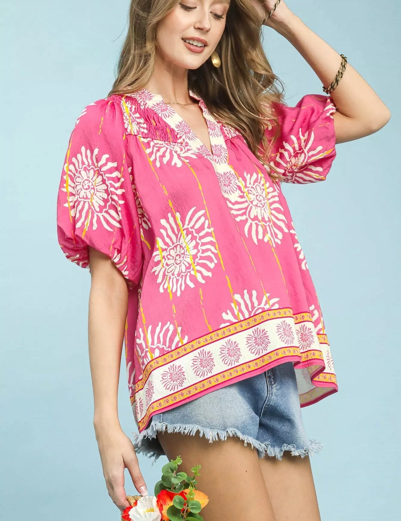 UMGEE Floral Border Smocked V-Neck Boho Blouse on Simply Obsessed