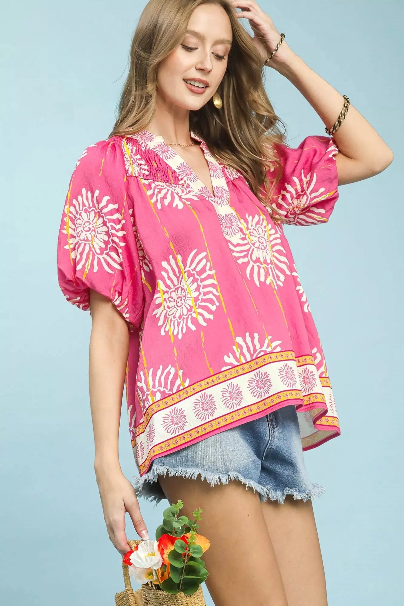 UMGEE Floral Border Smocked V-Neck Boho Blouse on Simply Obsessed