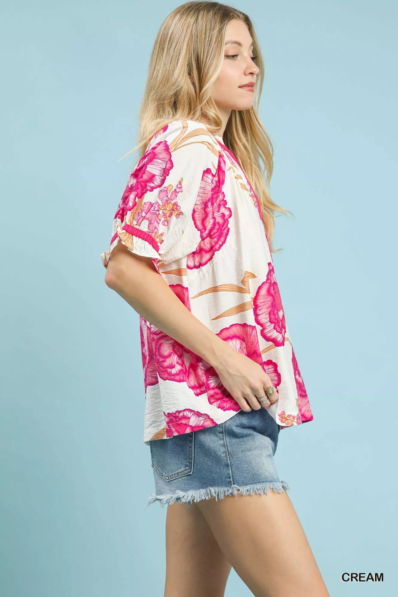 UMGEE Floral V-Neck Puff Sleeve Blouse on Simply Obsessed