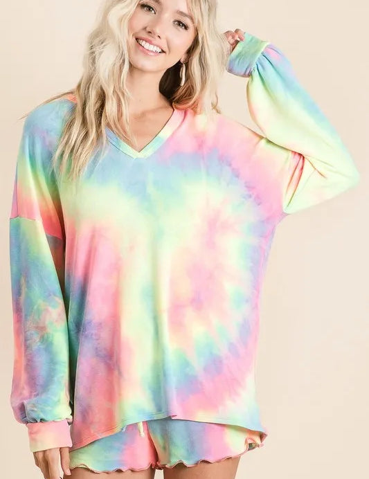 BIBI Tie Dye French Terry Top With Balloon Sleeves on Simply Obsessed