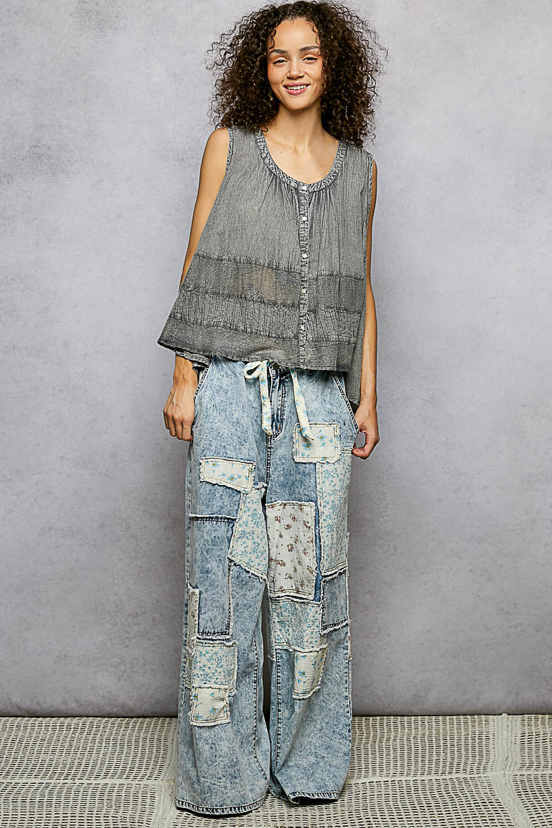 POL Button Down Round Neck Tank with Crochet Contrast on Simply Obsessed