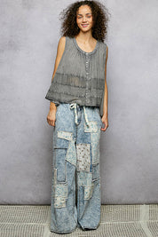 POL Button Down Round Neck Tank with Crochet Contrast on Simply Obsessed