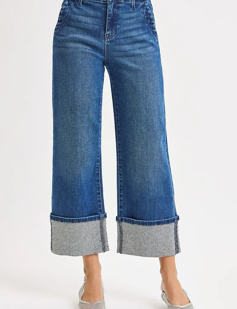RISEN High Rise Ankle Wide Rhine Stone Cuffed Jeans on Simply Obsessed