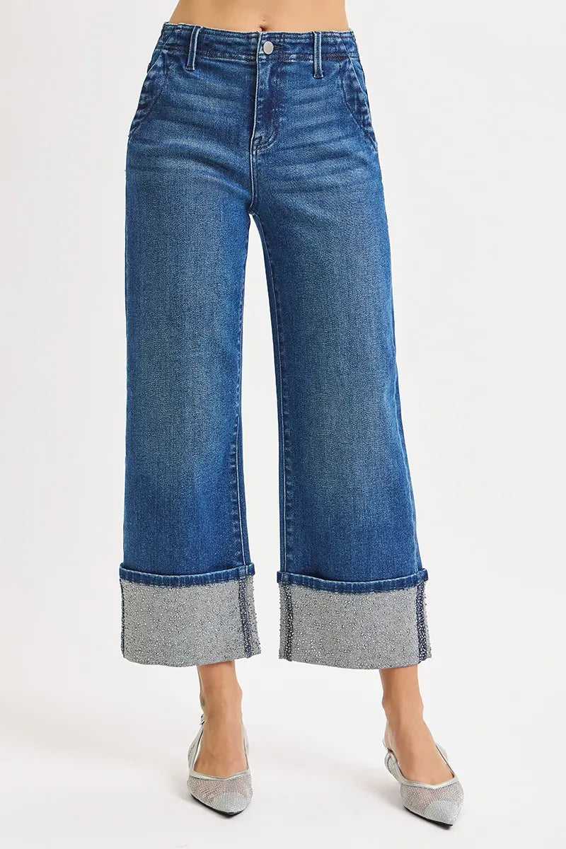 RISEN High Rise Ankle Wide Rhine Stone Cuffed Jeans on Simply Obsessed