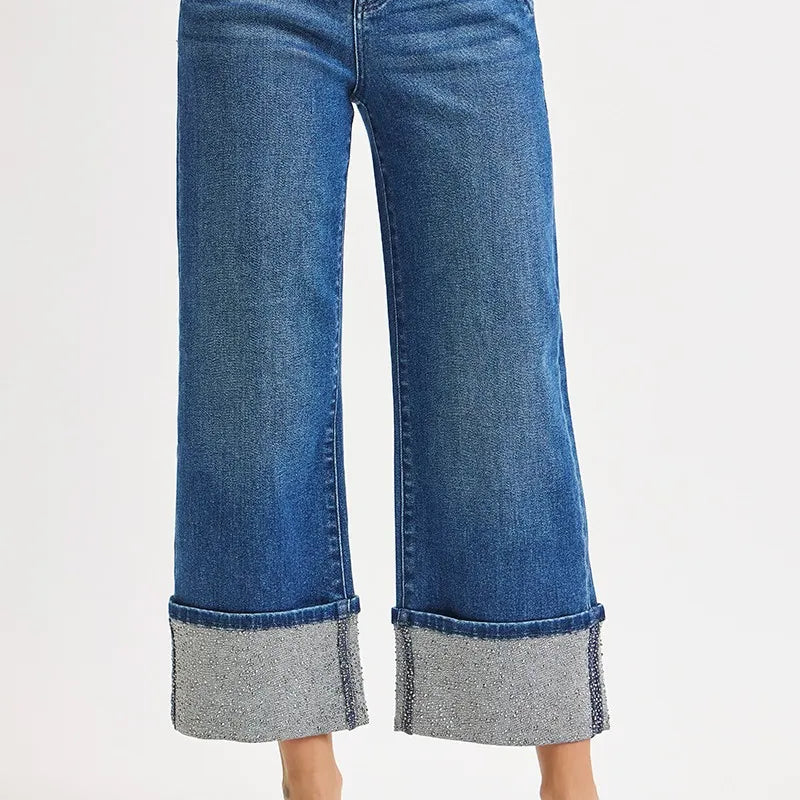 RISEN High Rise Ankle Wide Rhine Stone Cuffed Jeans on Simply Obsessed