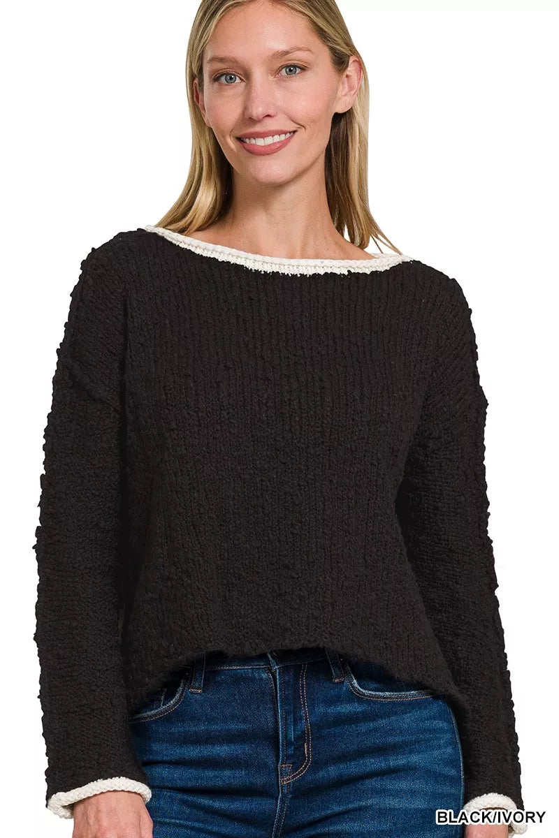 Zenana Contrast Trim Cropped Sweater on Simply Obsessed