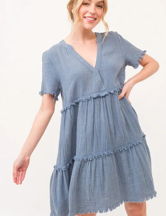 AND THE WHY Washed Frayed Detail Tiered Dress on Simply Obsessed