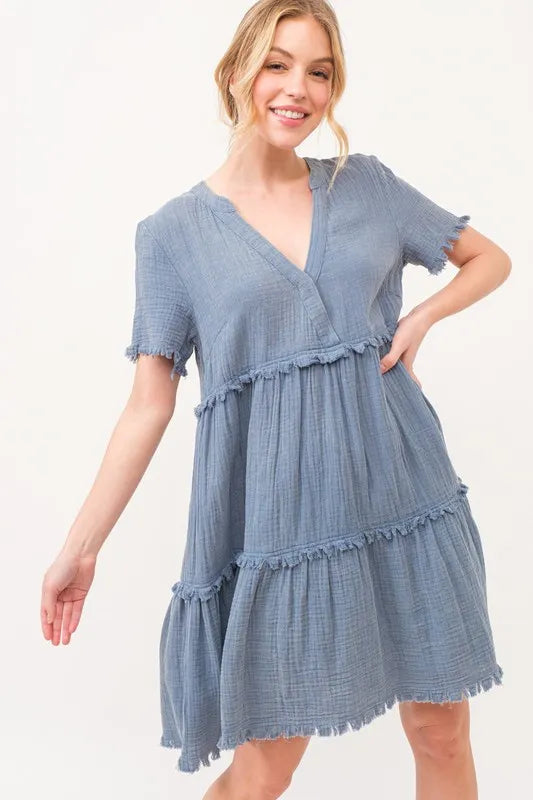 AND THE WHY Washed Frayed Detail Tiered Dress on Simply Obsessed