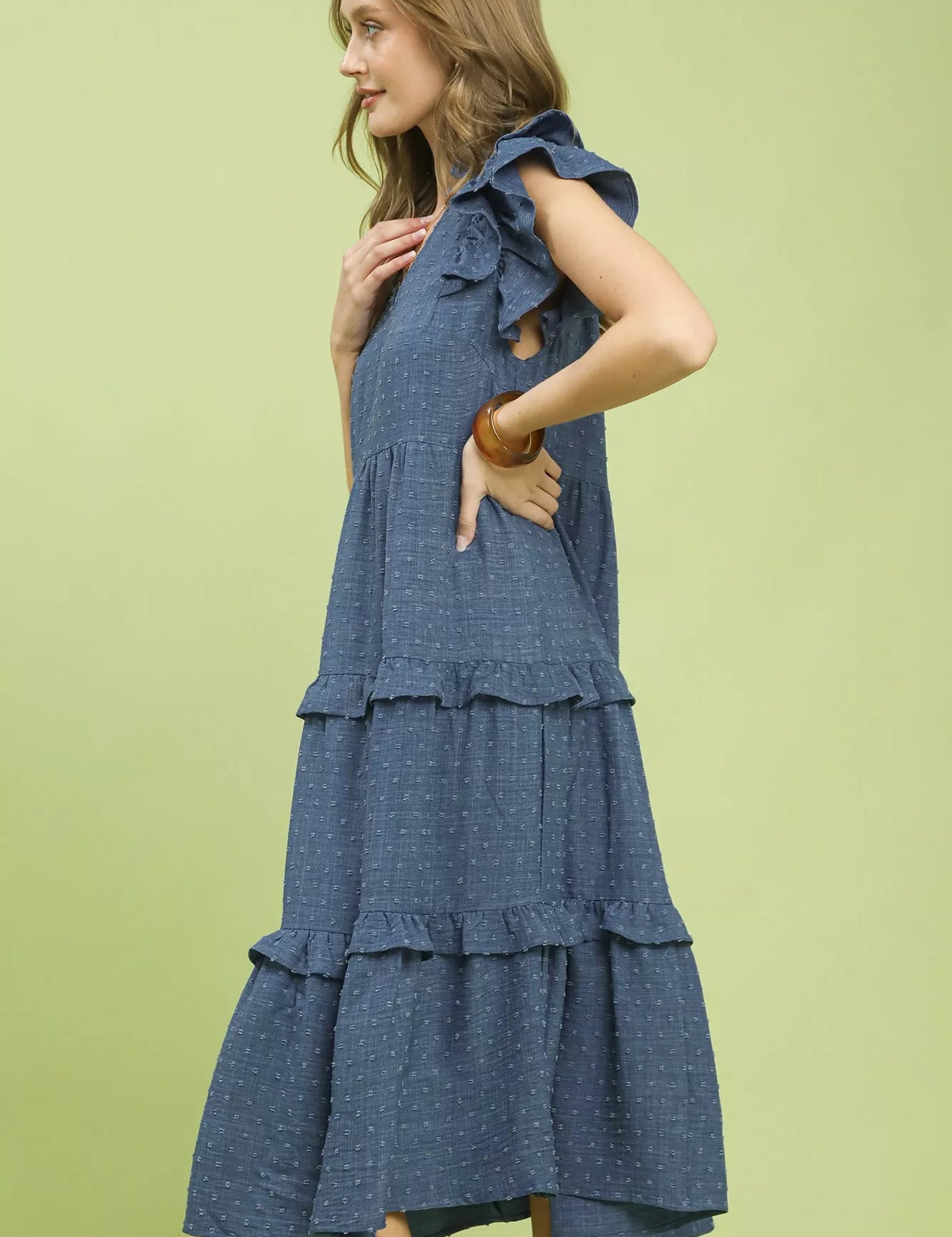 UMGEE Textured Ruffle Sleeve Tiered Midi Dress on Simply Obsessed