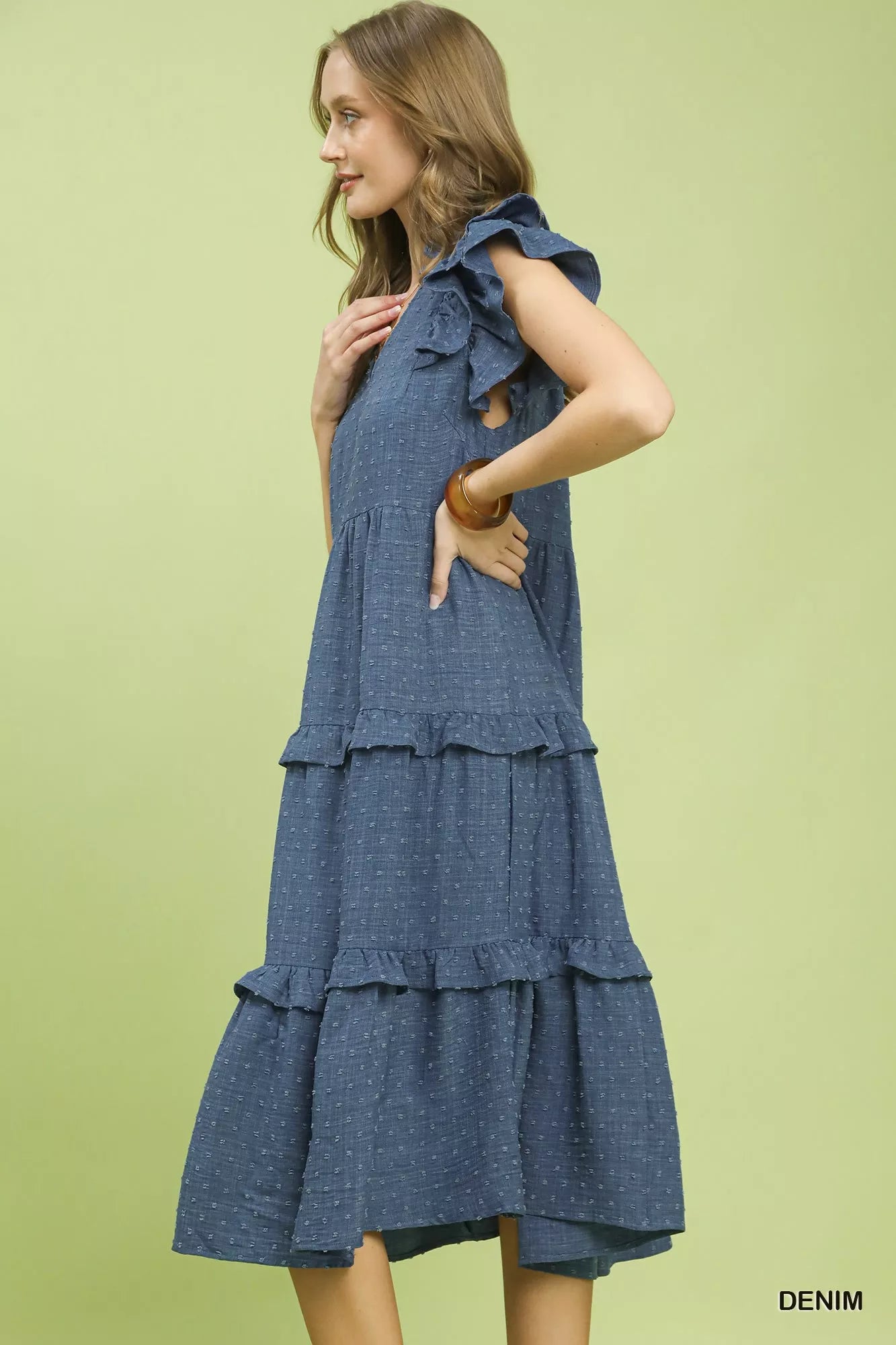 UMGEE Textured Ruffle Sleeve Tiered Midi Dress on Simply Obsessed