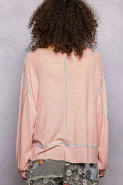 POL Round Neck Long Sleeve Exposed Seam Top with Chest Pocket on Simply Obsessed