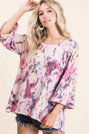 BIBI Tie Dye Print Terry A Line Top with Bell Sleeves on Simply Obsessed